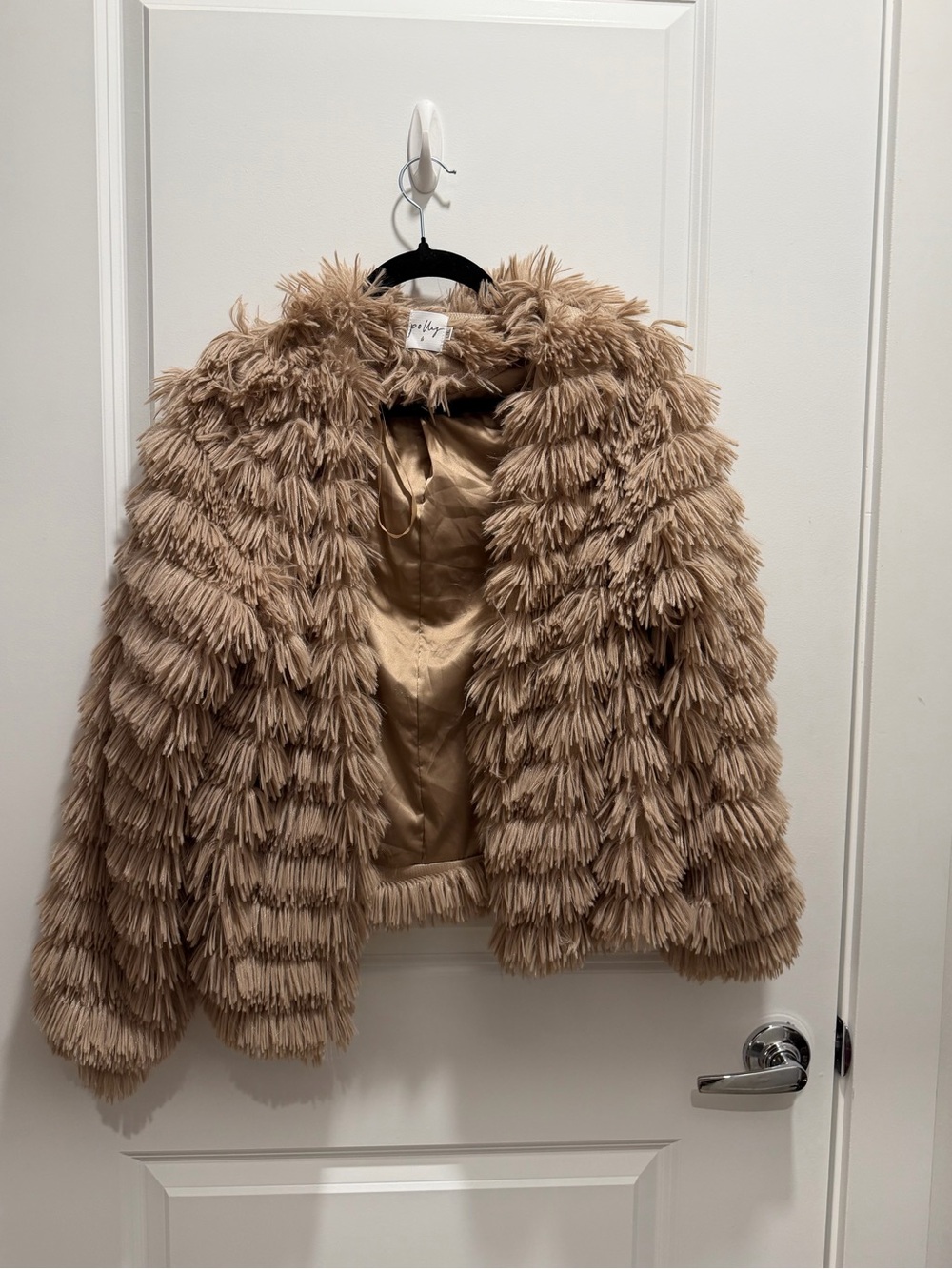 Faux Fur Fringe Puffer Jacket in Tan